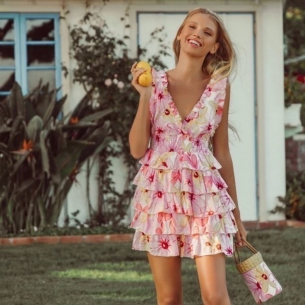 Revolve x Sundress Dress Lolita Ruffle Tiered Mini in Riviera Linen Pink Floral